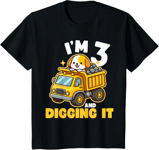 Kids I'm 3 and Digging It 3rd Birthday Dog Construction Truck Boy T-Shirt