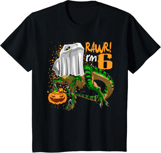 Kids Rawr I'm 6 Ghost Dinosaur T Rex 6th Birthday Halloween Party T-Shirt