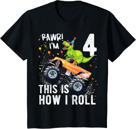 T Rex Dinosaur Monster Truck 4th Birthday Boys and Girls T-Shirt