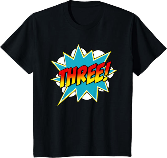 Kids Three! 3rd Birthday Superhero Boys 3 Years Old Comic Book T-Shirt