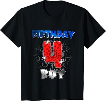 Kids Birthday Boy 4th Birthday Spider Theme Party 4 Year Old Boys T-Shirt