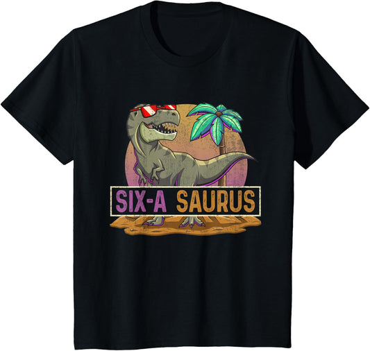 Kids 6th Birthday Boy 6 Year Old Dinosaur T Rex Dino Six Saurus T-Shirt