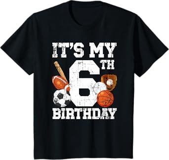 6 Year Old Sports Birthday Theme Sixth Bday Kids 2T Black Sports Birthday T-Shirt