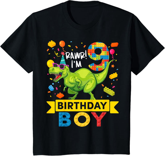 Kids 9 Year Old Dinosaur Building Blocks 9th Birthday Boy T-Shirt