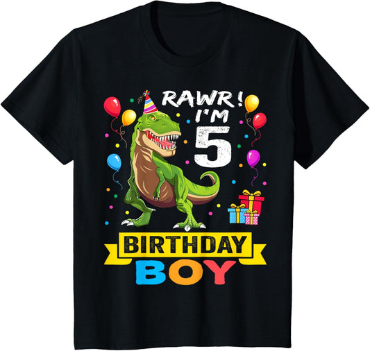 Kids 5 Year Old Shirt 5th Birthday Boy T Rex Dinosaur T-Shirt