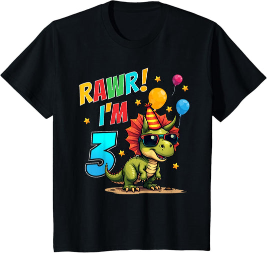 Kids Rawr I'm 3 Dinosaur Triceratops 3rd Birthday Boy 3 Year Old T-Shirt