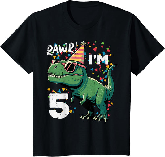 Kids 5th Birthday Trex Rawr Im 5 Years Old Dino Bday Boys Kids T-Shirt