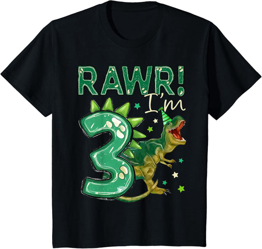 Kids Three T Rex 3rd Birthday Third Dinosaur I'm 3 Year Old Boy T-Shirt