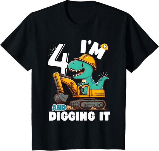 I'm 4 And Digging It 4th Birthday Cute Dinosaur Construction T-Shirt