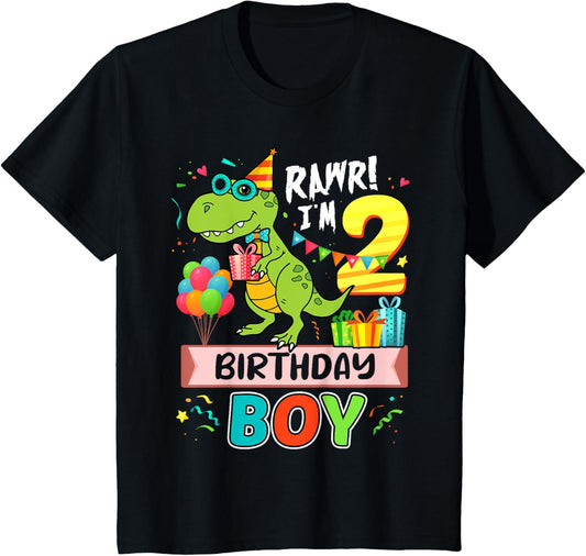 Kids 2nd Birthday Boy T Rex Dinosaur Rawr I'm 2 Year Old T-Shirt