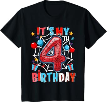 Kids It's My 4th Birthday Spider Web Theme Party 4 Years Old Boys T-Shirt