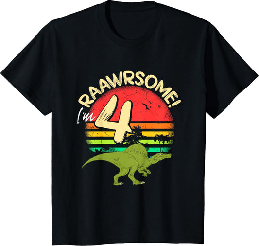 Spinosaurus Dinosaur 4 Years Boys Girls Birthday Retro Dino T-Shirt