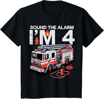 Kids Sound The Alarm Im 4 Fire Truck 4th Birthday Bday Boys Kids T-Shirt