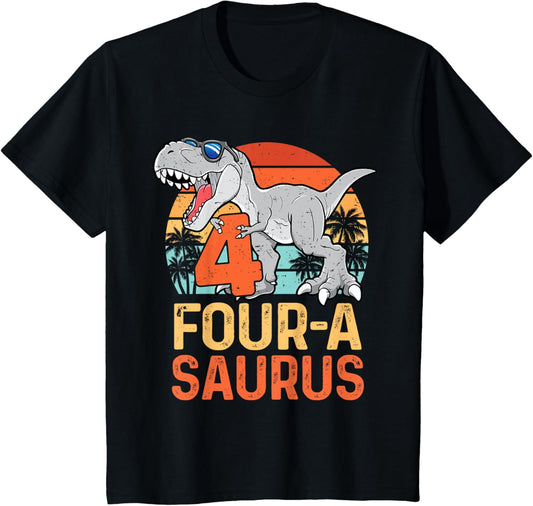 Kids Four A Saurus Rex 4th Birthday Dinosaur 4 Year Old Boys T-Shirt