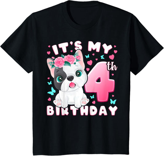 Kids 4th Birthday, Girl 4 Year, Dog, Puppy, Number 4 T-Shirt