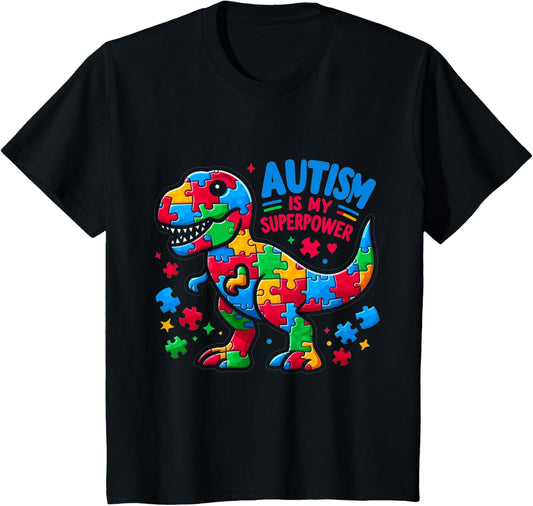 Autism Is My Super Power Superhero TRex Dinosaur Autism Kids T-Shirt