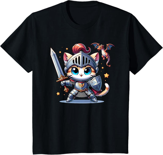 Kids Medieval Knight Cat Kitten Sword Dragon Ren Faire Graphic T-Shirt