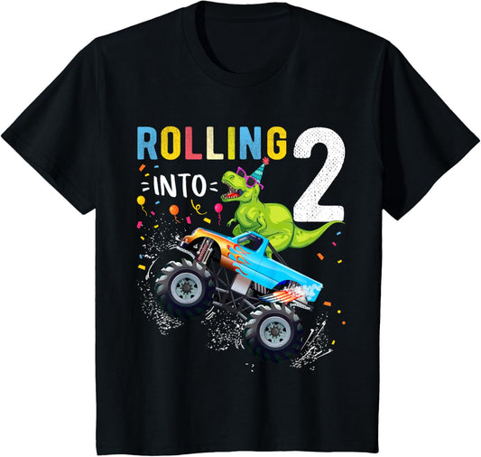 2 Year Old Birthday Dinosaur Monster Truck Family Matching T-Shirt