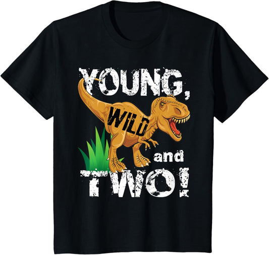 Kids Young, Wild and Two 2 year old dinosaur birthday shirt boy T-Shirt