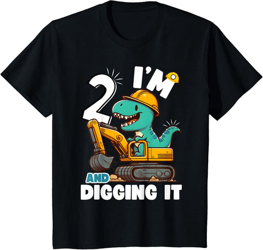 I'm 2 And Digging It 2nd Birthday Cute Dinosaur Construction T-Shirt