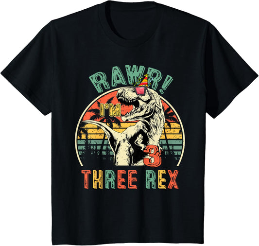 Kids Three Rex Birthday Party Outfit Dinosaur 3 Year Old Boy T-Shirt