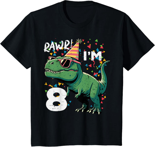 Kids 8th Birthday Trex Rawr Im 8 Years Old Bday Dino Boys Kids T-Shirt