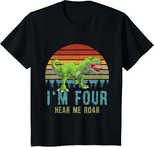Kids I'm Four Hear Me Roar T-Rex Dinosaur 4. Birthday Boy Dino T-Shirt