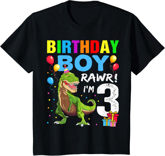 Kids 3 Year Old 3rd Birthday Boy T Rex Dinosaur T-Shirt