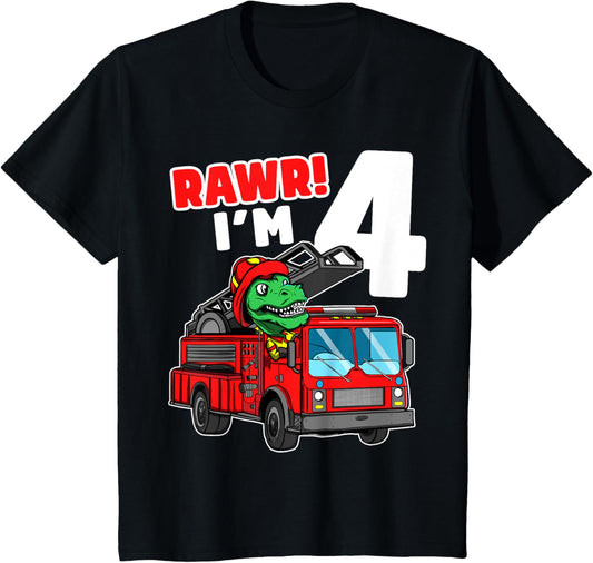 Kids Dinosaur Fire Truck 4th Birthday Boy T-Rex Firefighter 4 T-Shirt