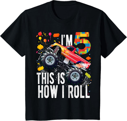 Kids 5 Year Old Building Blocks Monster Truck 5th Birthday Boy T-Shirt