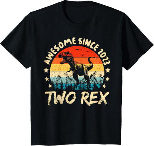Awesome Since 2023 Two Rex 2nd Birthday Dinosaur 2 Year Old T-Shirt