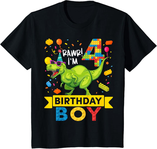 Kids 4 Year Old Dinosaur Building Blocks 4th Birthday Boy T-Shirt