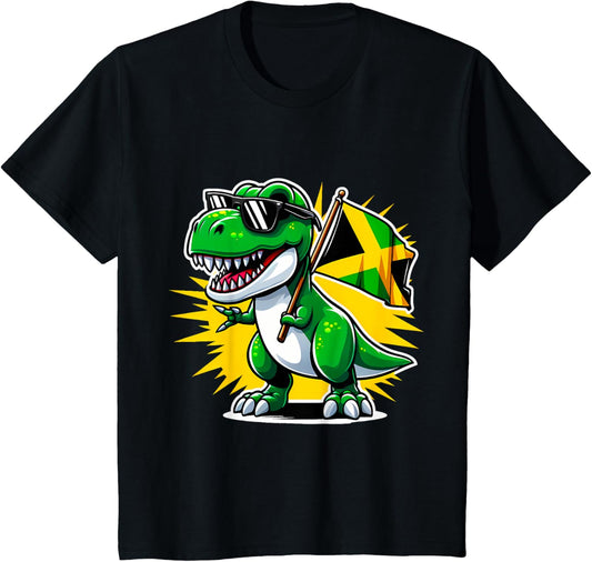 Kids Birthday Dinosaur Jamaica Flag 2025 Boy Party Matching Kids T-Shirt