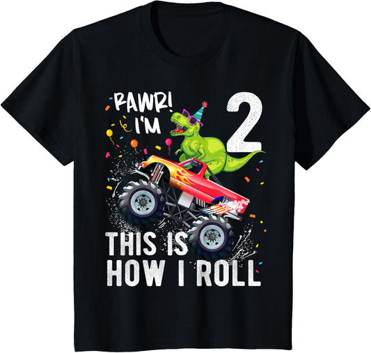T Rex Dinosaur Monster Truck 2nd Birthday Boys and Girls T-Shirt