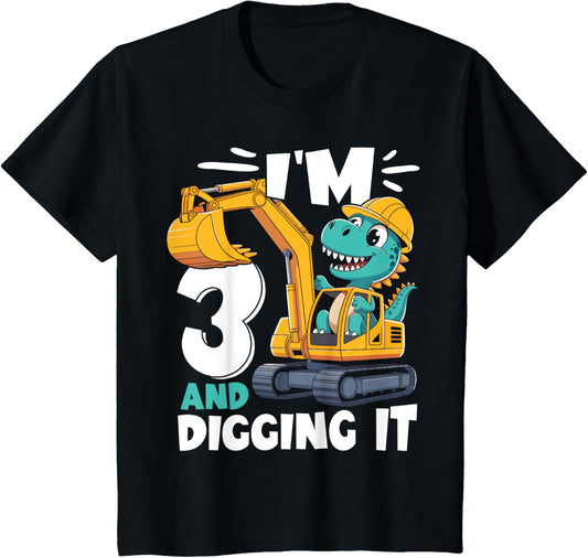 I'm 3 And Digging It 3rd Birthday Cute Dinosaur Construction T-Shirt