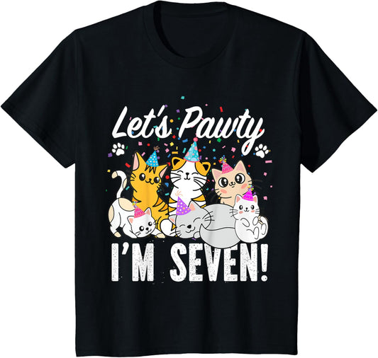Kids Lets Pawty I'm SEVEN! Kitten Cat Themed 7th Birthday Party T-Shirt