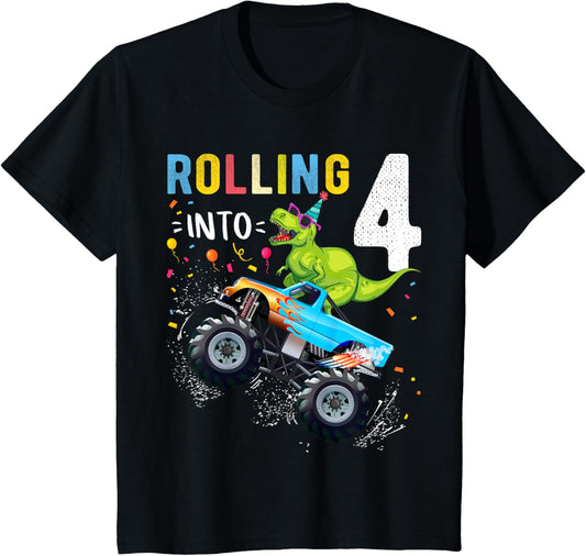 4 Year Old Birthday Dinosaur Monster Truck Family Matching T-Shirt