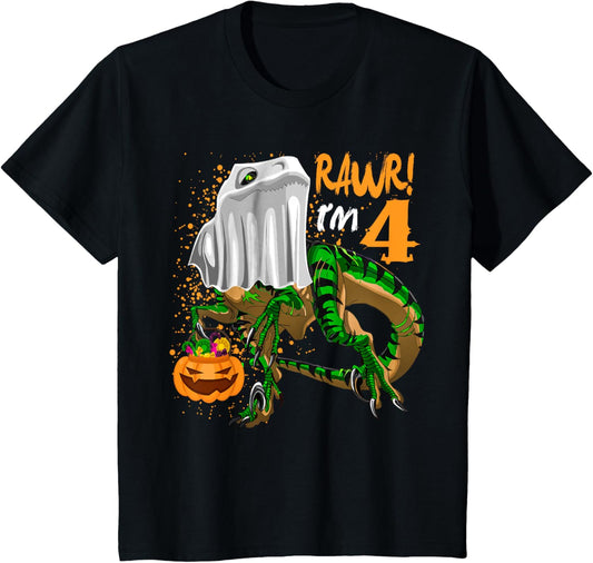 Kids Rawr I'm 4 Ghost Dinosaur T Rex 4th Birthday Halloween Party T-Shirt