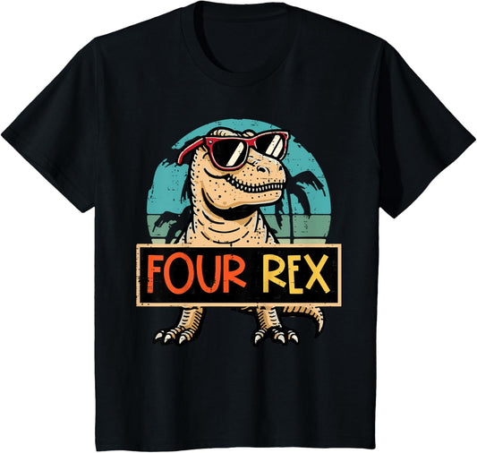 Kids 4th Birthday Dino Four Rex Trex 4 Year Old Bday Boys Kids T-Shirt