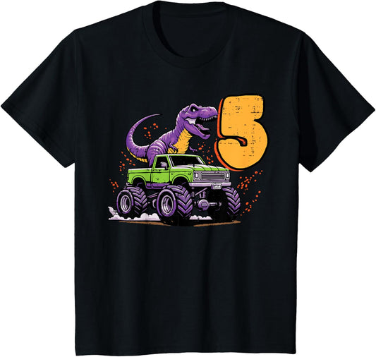 Kids 5th Birthday Dino On Monster Truck 5 Year Old Trex Boys Kids T-Shirt
