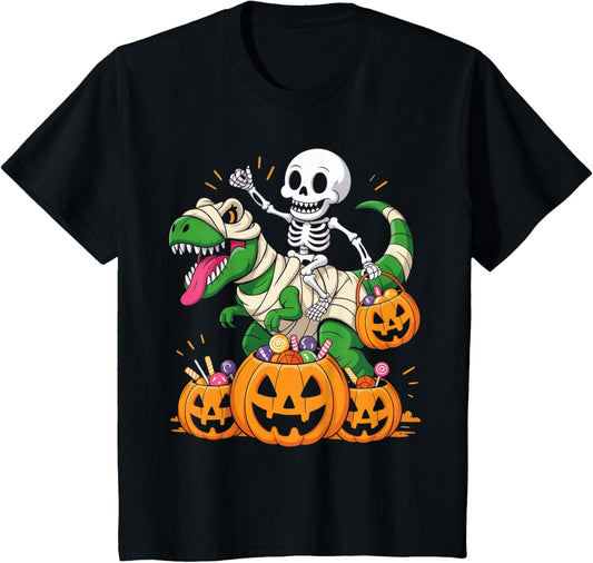Kids Skeleton Riding Mummy Dinosaur T rex Halloween Pumpkin T-Shirt