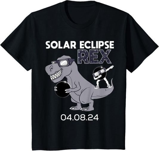 Kids T Rex and Dabbing Solar Eclipse 2024 Dino Funny Toddler Boys T-Shirt