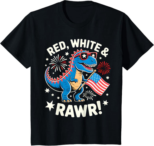 Kids Red White and Rawr Dinosaur T Rex Patriotic 4th Of July Boys T-Shirt
