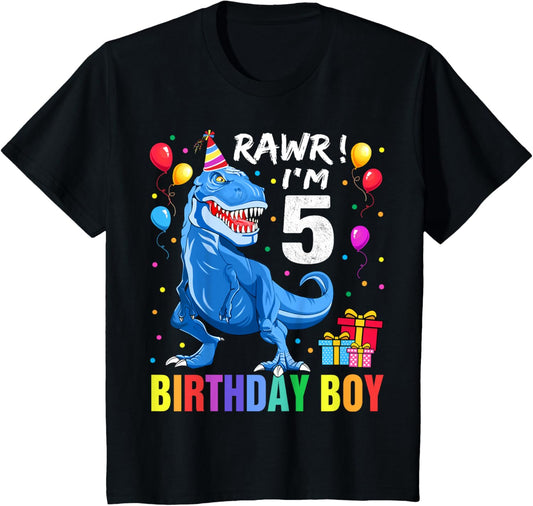 Kids 5 Year Old Shirt 5th Birthday Boy T Rex Dinosaur Shirt T-Shirt