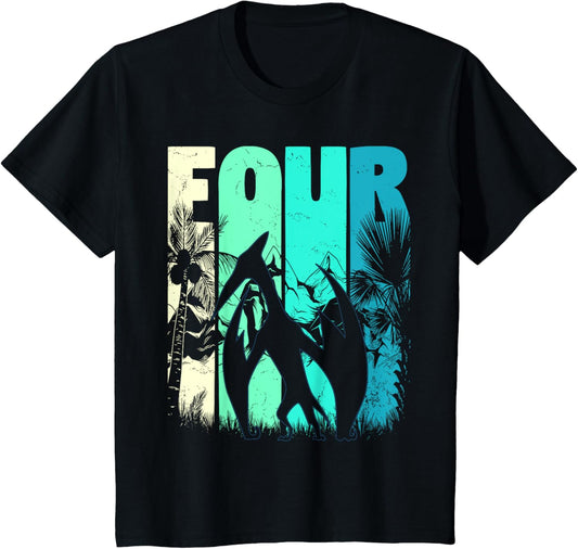 Pterodactyl 4 year old 4th birthday Four Boy Girl Retro T-Shirt