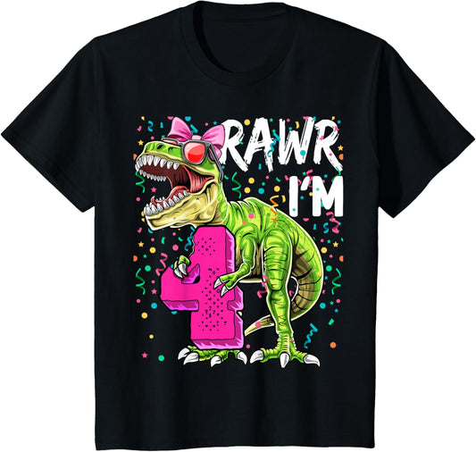 Rawr I'm 4 4th Birthday Dinosaur Shirt Girls Dinosaur Gift T-Shirt