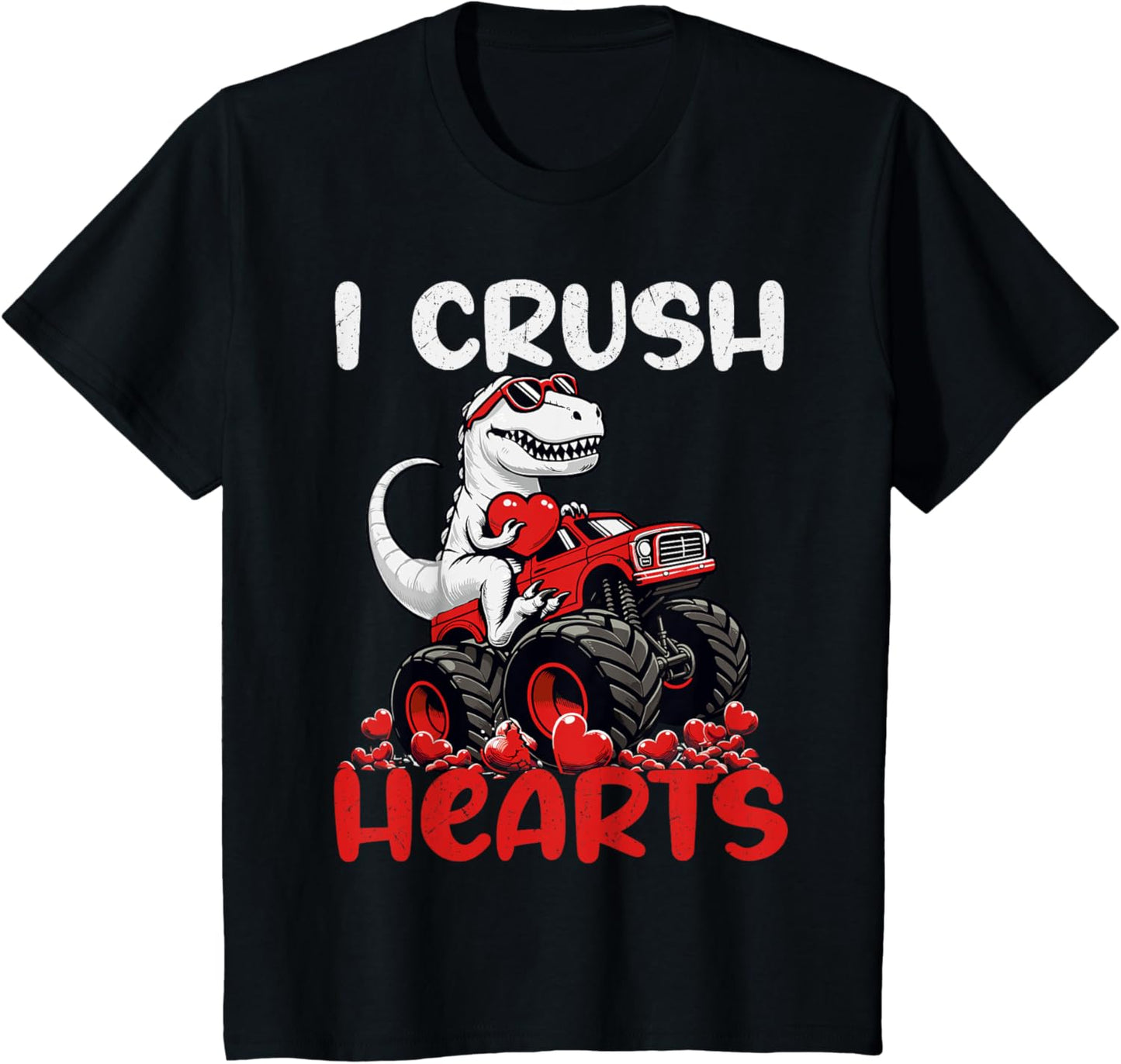 Kids Valentines Day Monster Truck TRex Boy Toddler I Crush Hearts T-Shirt