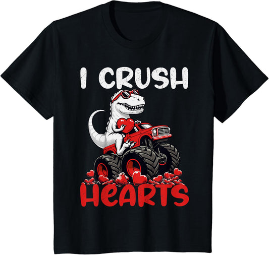 Kids Valentines Day Monster Truck TRex Boy Toddler I Crush Hearts T-Shirt