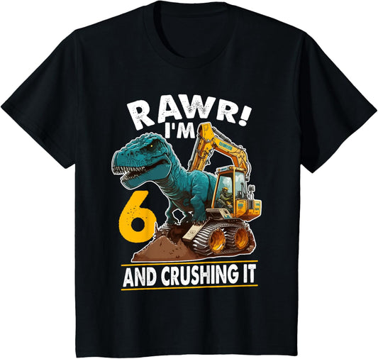 Kids Rawr I'm 6 Dinosaur 6th Birthday Excavator 6 Year Old Boy T-Shirt