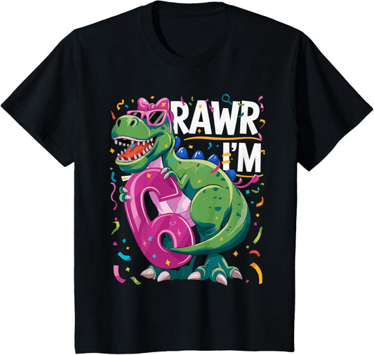 Kids 6 Year Old T Rex Dinosaur 6nd Birthday Girl T-Shirt